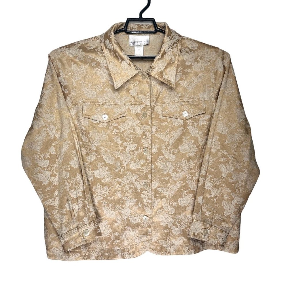 Susan Graver Gold Floral Embroidered Cotton blend jacket 1X
